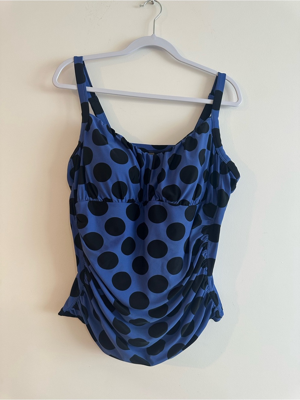 Women's Plus Size 2X Blue Polka Dot Tankini Top Ruched Swimwear